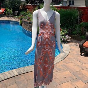 INC International Concepts Gray with Orange Boho pattern Maxi Dress - size L